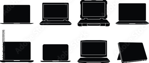 Laptop Silhouette Vector Set Featuring Modern, Rugged, and Convertible Computer Designs