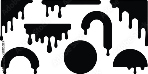 A collection of black paint drip shapes and liquid melting border elements isolated on a white background design