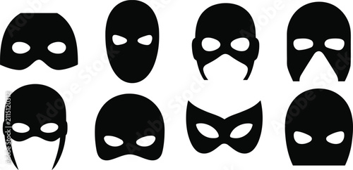A collection of black superhero mask silhouettes isolated on a white background for design and creative graphic projects
