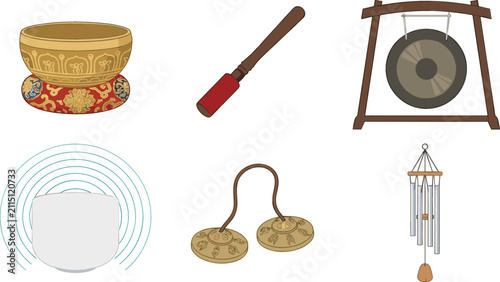Sound Healing and Sound Therapy Instrument Icon Set with Singing Bowls Gong Tingsha Cymbals and Chimes for Wellness Spiritual and Meditation Graphic Designs