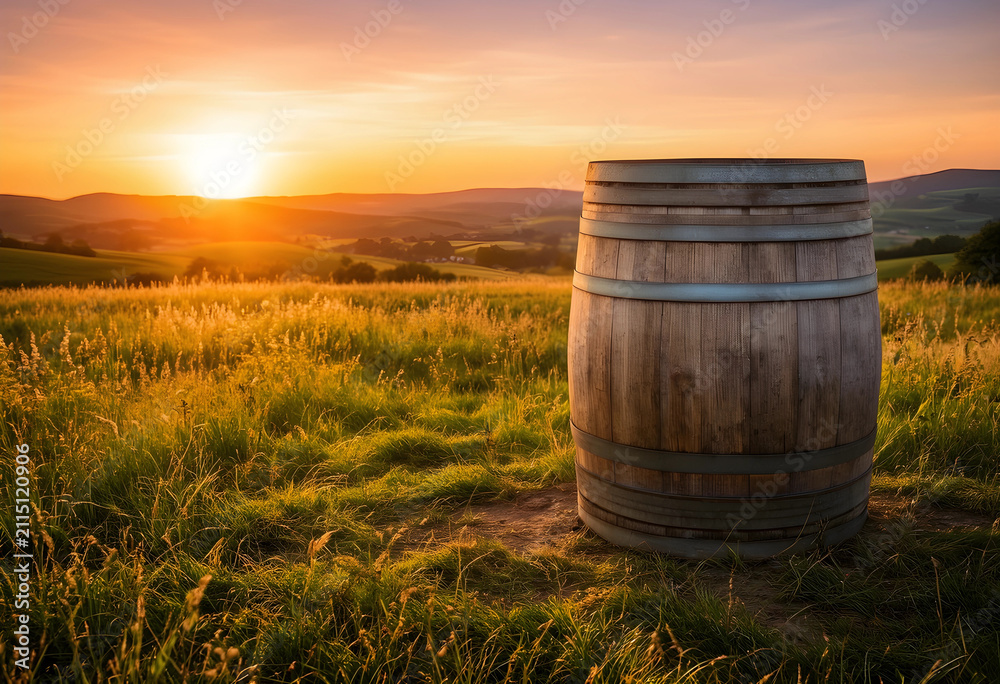 Obraz premium Wooden wine barrel in a golden field at sunset, agriculture and winemaking concept, rural landscape background