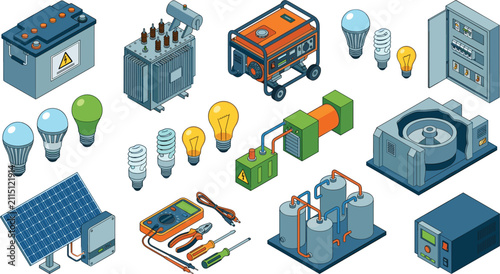 Obraz na płótnie Isometric Electrical Power Generation Utility and Renewable Energy Infrastructur