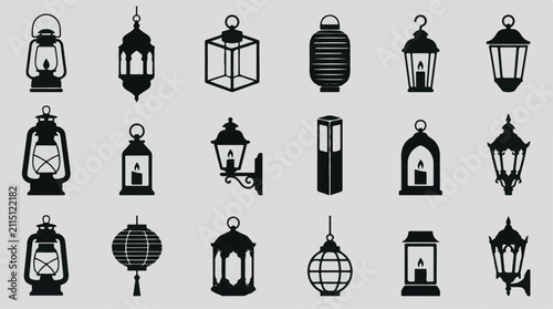 Konstfotografi Black and white collection of vintage lanterns and wall lights isolated on trans