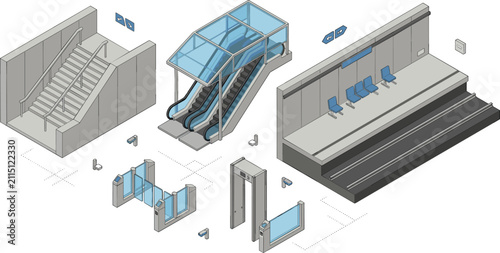 Isometric Subway Station Platform Design Kit with Covered Escalator Concrete Stairs Railway Tracks Glass Turnstiles and Metal Detector for Public Transport Architectural Vector Layouts