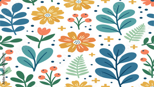 Foto Seamless floral vector pattern featuring colorful retro flowers blue leaves and red berries on white background