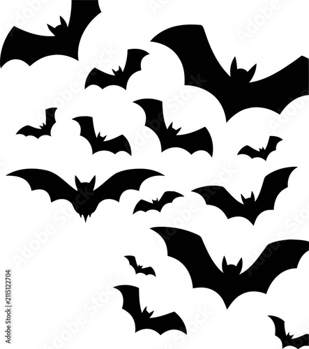 A collection of black bat silhouettes flying in a group isolated on a plain white background for halloween designs