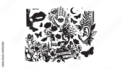 Obraz na płótnie Memento Mori Illustration with Skull Flowers and Mystical Symbols in Black and W