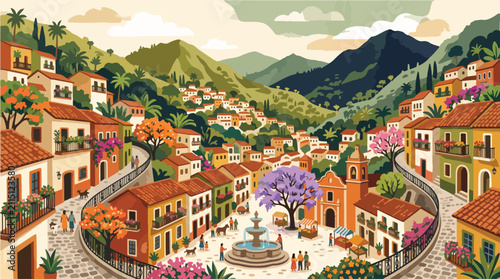 Colorful Colonial Hillside Town Handmade Gouache Editorial Illustration