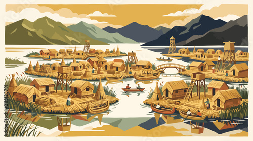 Floating Reed Village on Mountain Lake Handmade Gouache Travel Illustration