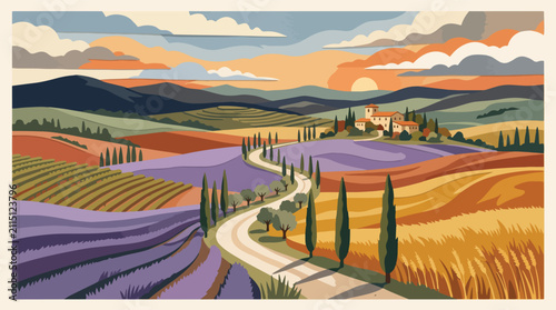 Lavender Fields with Cypress Road Mid Century Modern Countryside Illustration
