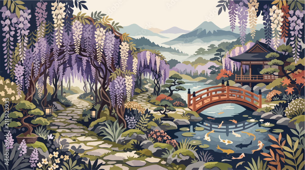 Obraz premium Mid Century Modern Enchanted Purple Flower Garden Editorial Landscape Illustration