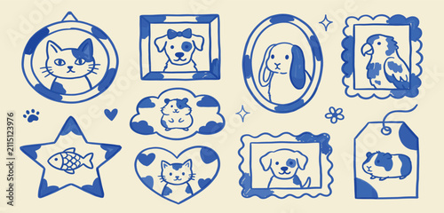 Konstfotografi Pet Portrait Frames Hand Drawn Doodle Vector Illustration