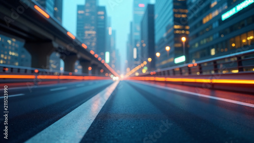 Future Mobility Path A close-up of a futuristic expressway with smooth, reflective surface leading into a cityscape. The road is illuminated by ambient