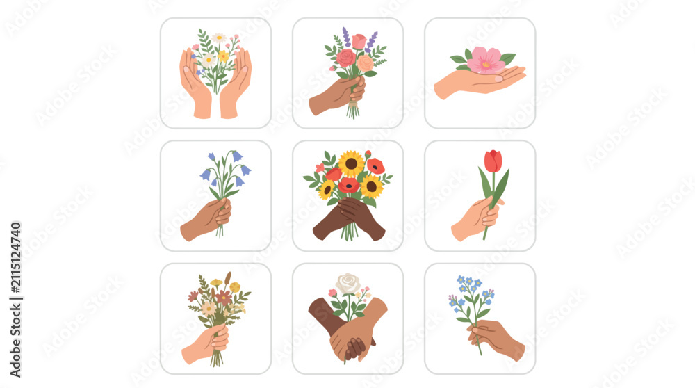 Fototapeta premium Diverse Hands Offer Flowers Symbolizing Self Care Well Being and Breast Cancer Awareness Month Support