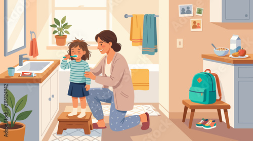 Mother teaching her little daughter to brush teeth in the morning. Cute vector illustration depicting daily family routine, parenting, hygiene habits and care.
