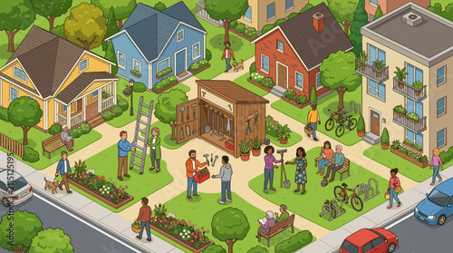 An isometric illustration of a lively suburban neighborhood where diverse people socialize, garden, and work together in a communal green space.