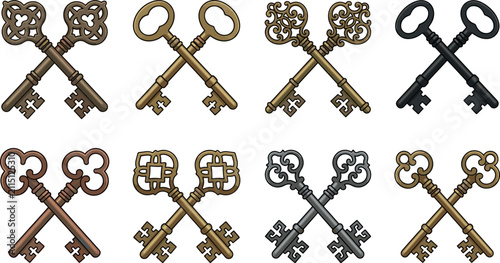 Vintage crossed keys vector element set featuring antique bronze gold and iron decorative ornate skeleton keys.