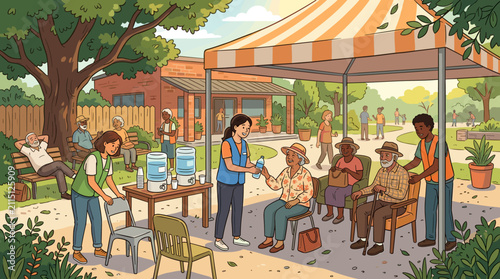 Volunteers help senior citizens at an outdoor community center event. Friendly care, water service, and support in a vibrant, inclusive park setting.