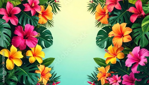 Vibrant Tropical Flowers and Lush Green Leaves Border on Gradient Background.