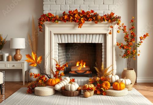 Cozy autumn fireplace with ...