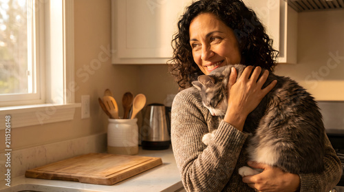 A warm and inviting kitchen scene featuring a smiling woman with bright, expressive brown eyes and long, curly dark hair, holding her adorable grey and white cat, which is nuzzling its head against 