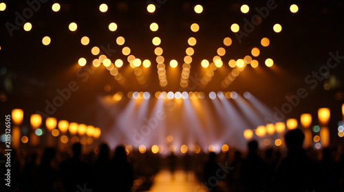 Abstract Blurred Church Background with Worship Stage and Golden Bokeh Lights