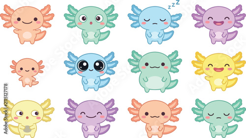 Set of cute kawaii axolotl characters in various pastel colors and expressions for kids design and sticker packs