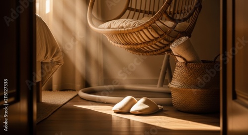 Serene Bedroom Corner With Woven Chair And Slippers Bathed In Sunlight