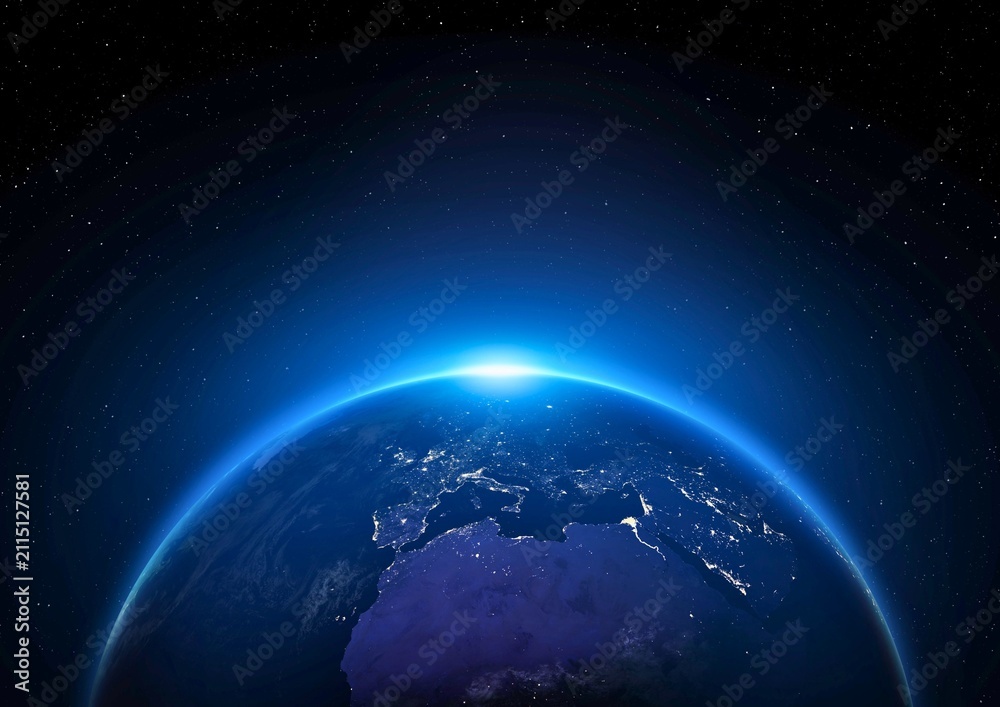 Fototapeta premium Earth planet view from space. Glowing sunrise over the horizon of the globe in orbit.