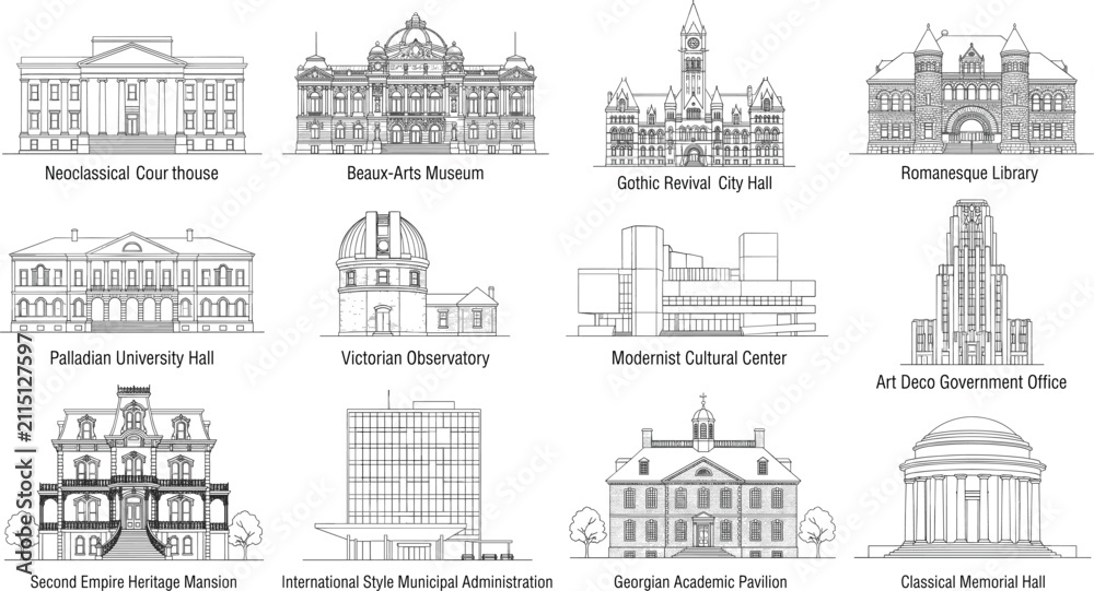 Obraz premium Historic Architecture Landmark Building Facades Line Art Illustration Collection for Urban Design