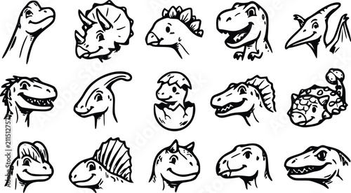 Set of cute cartoon dinosaur heads and faces in black and white ink sketch style collection for children educational materials and fun animal designs