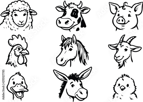Set of cute farm animal heads including sheep cow pig rooster horse goat duck donkey and chicken as simple black and white hand drawn sketches