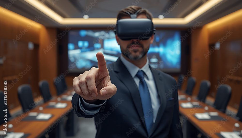 Fototapeta premium Executive wearing a virtual reality headset points toward digital data floating in the boardroom.