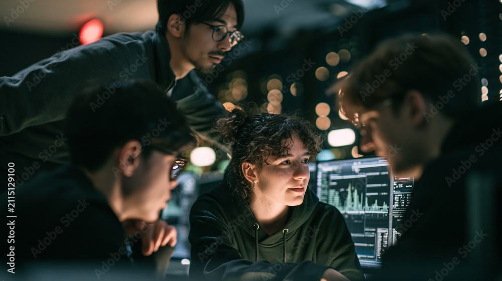 Fototapeta premium Diverse team of programmers collaborating in futuristic office workshop analyzing data on computer screens with cybersecurity monitoring