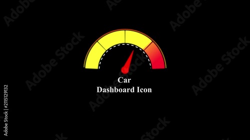 A of a car dashboard showing a curved gauge with yellow and red color zones and a red needle indicating a reading