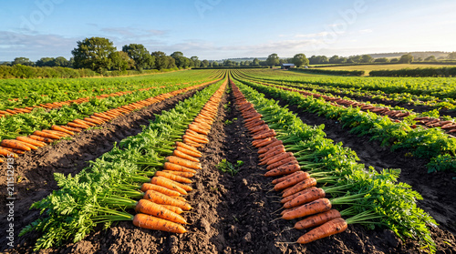 Fresh harvested carrots lined in rows on fertile soil across a vast green agricultural farm field
