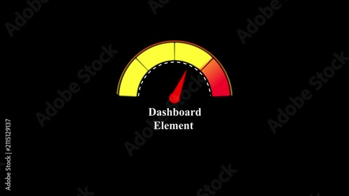 A graphical representation of a dashboard featuring a curved gauge with yellow and red segments and a red needle pointing towards the right