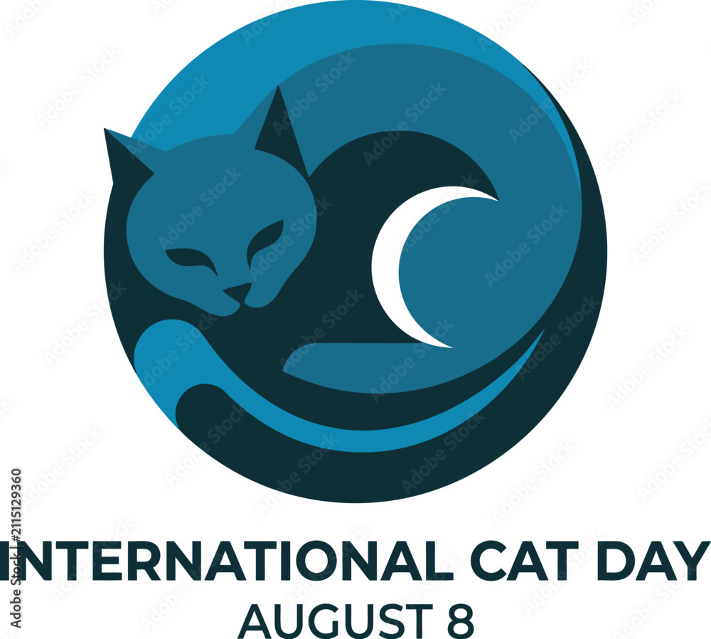 Fototapeta premium A minimalist circular illustration of a sleeping cat curled up under a crescent moon for the celebration of international cat day event