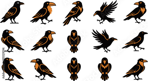 Konstfotografi Set of hand drawn illustrations of black ravens and crows in various poses isola