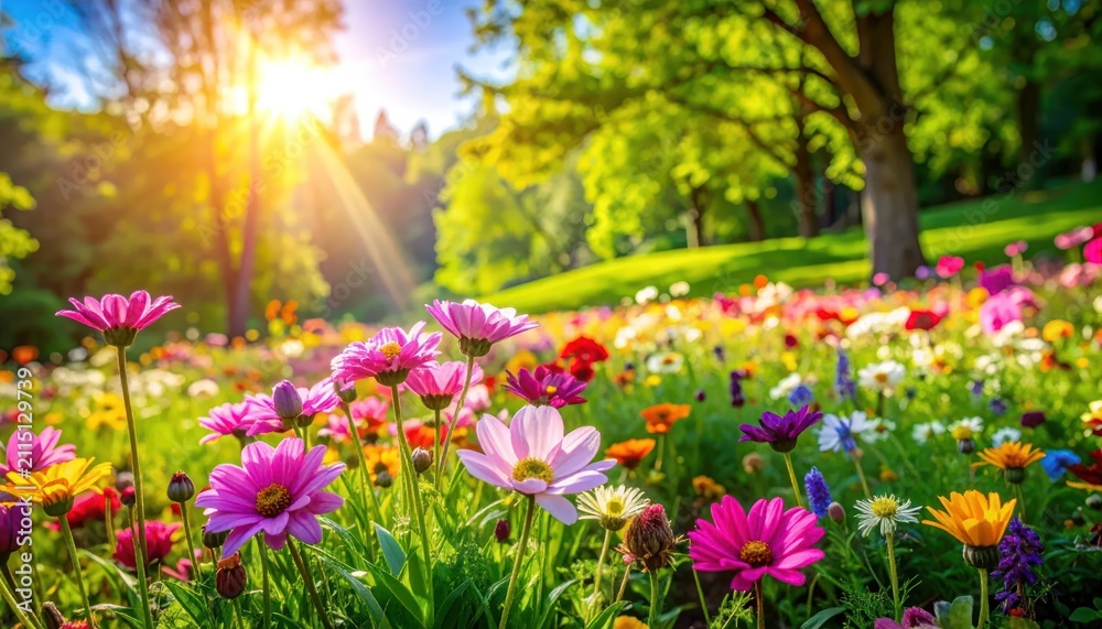 Obraz premium Vibrant Spring Meadow Bursting with Colorful Wildflowers Under Golden Sunlight.