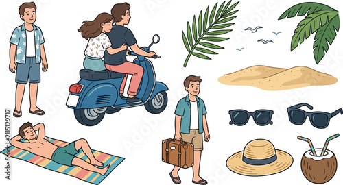 Фотография Tropical beach vacation vector set with couple riding scooter tourist holding suitcase sunbathing man sunglasses and coconut cocktail