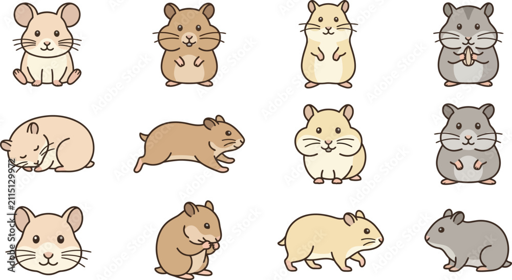 Fototapeta premium Set of twelve adorable hamster illustrations featuring different breeds and poses for creative design projects