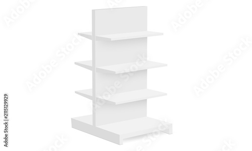 Blank retail display rack with shelves, mockup for branding, merchandising and store advertising