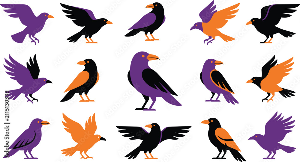 Fototapeta premium Happy Halloween Colorful cartoon crows and ravens in various dynamic poses Vector