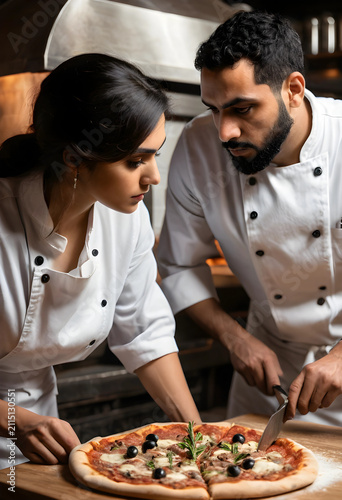 Two chefs in white uniforms...