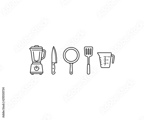 Kitchen appliances blender and cookware set line art vector icon illustration