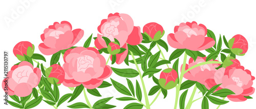 Illustration of pink peonies with green leaves arranged in a decorative pattern on a white background, showcasing floral beauty and design elements
