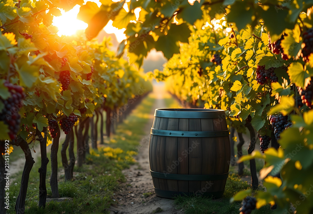 Obraz premium Wooden wine barrel in a sunlit vineyard with ripe red grapes on the vines, winemaking and harvest season, the golden light of sunset illuminates the scene