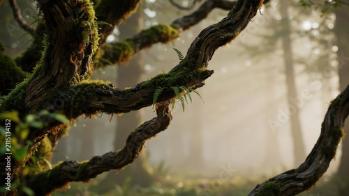 Ancient mossy tree branch in a misty enchanted forest