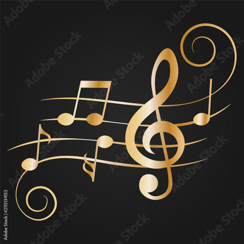 Golden music notes with swirls, vector illustration.